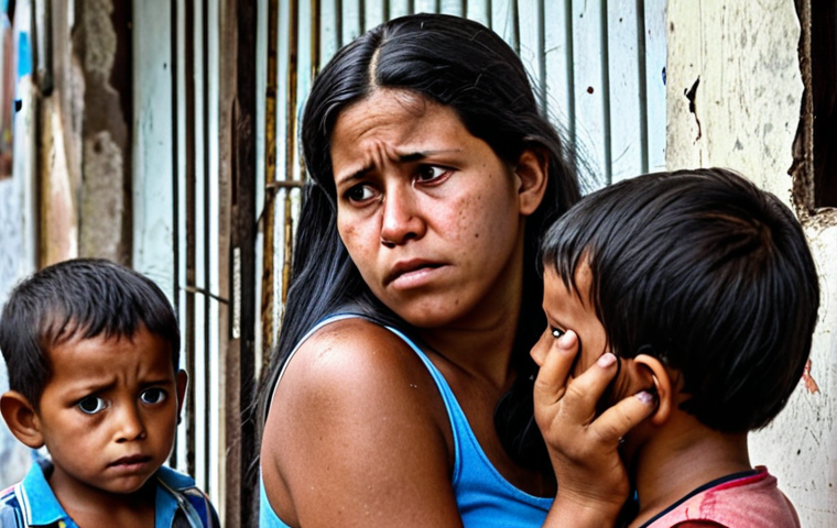 **Distressed Venezuelan mother selling her hair to buy food for her children. Desperate, impoverished, struggling, humanitarian crisis, poverty in Venezuela.**