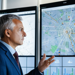 A focused logistics professional, an adult man, in a modest business suit, monitoring multiple large screens displaying real-time data visualizations from smart sensors, AI algorithms, and drone feeds in a high-tech control room of a global logistics hub. The environment is clean, modern, and brightly lit, symbolizing advanced risk management and efficiency. The man is observing complex graphs and maps with a thoughtful expression, fully clothed, appropriate attire, safe for work, perfect anatomy, correct proportions, natural pose, well-formed hands, proper finger count, natural body proportions, professional photography, high quality.