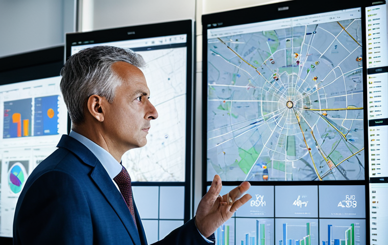 A focused logistics professional, an adult man, in a modest business suit, monitoring multiple large screens displaying real-time data visualizations from smart sensors, AI algorithms, and drone feeds in a high-tech control room of a global logistics hub. The environment is clean, modern, and brightly lit, symbolizing advanced risk management and efficiency. The man is observing complex graphs and maps with a thoughtful expression, fully clothed, appropriate attire, safe for work, perfect anatomy, correct proportions, natural pose, well-formed hands, proper finger count, natural body proportions, professional photography, high quality.